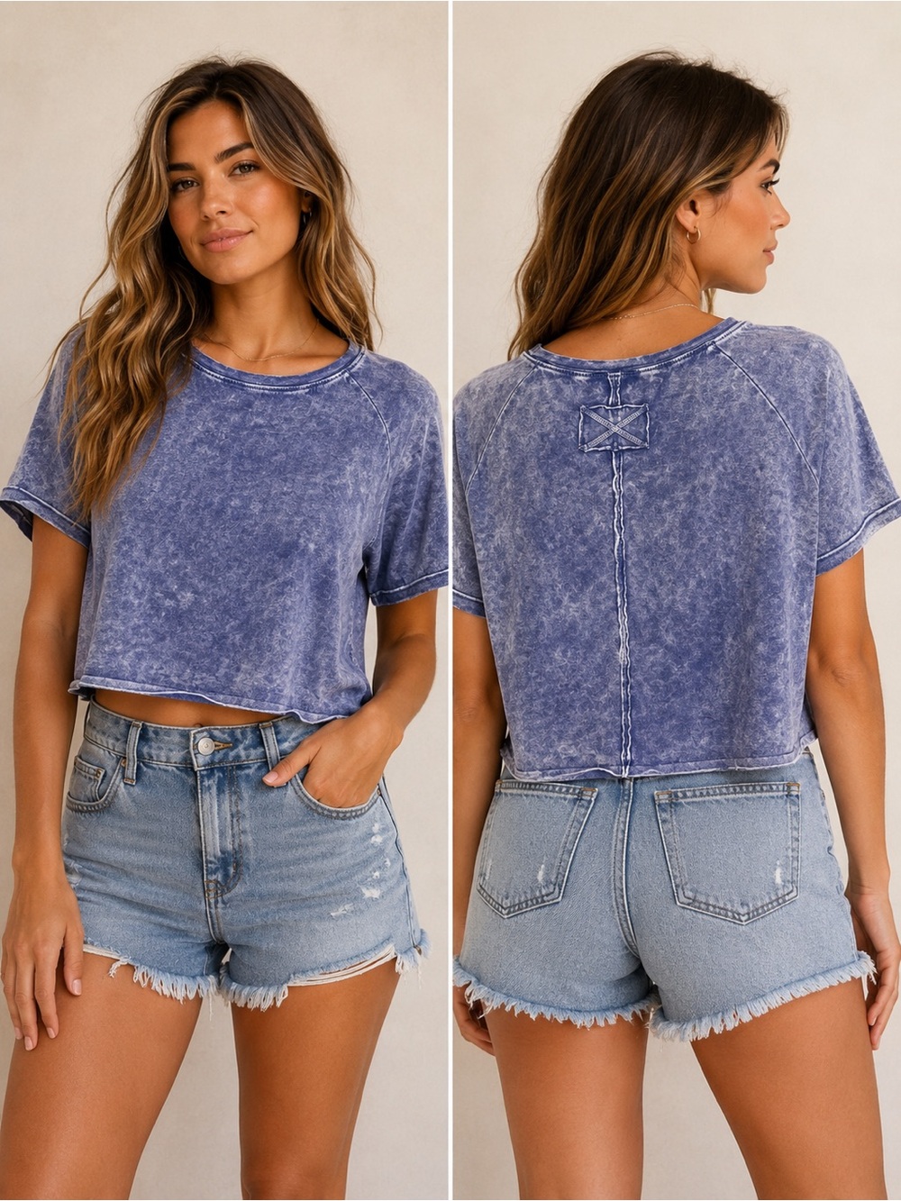 Zenana Acid Wash Raw Edge Cropped Tee – Navy
